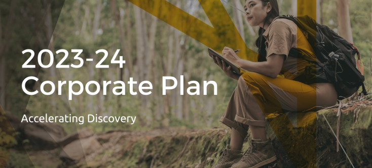 A picture of a person sitting in a forest, taking notes, with the text "2023-24 Corporate Plan. Accelerating Discovery" on top.
